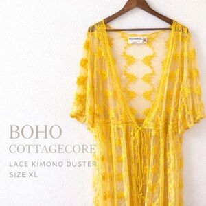 Style Apparel Boho Cottagecore Lace Kimono Sheer Duster Festival XL Yellow B11